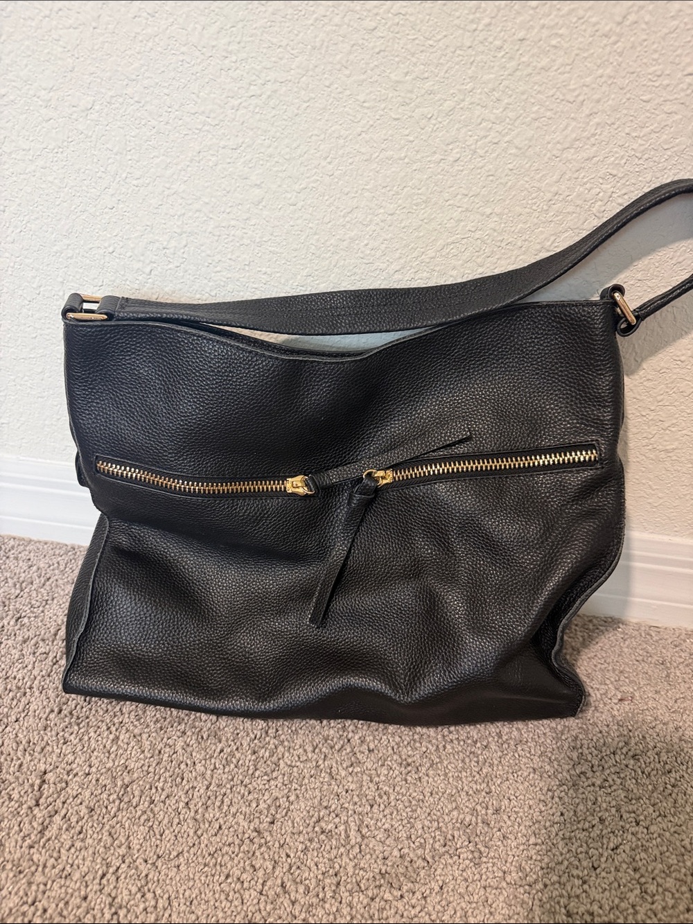 Tote Le Monde Geneva Tote Black Pebbled Leather Shoulder Bag with Gold Hardware